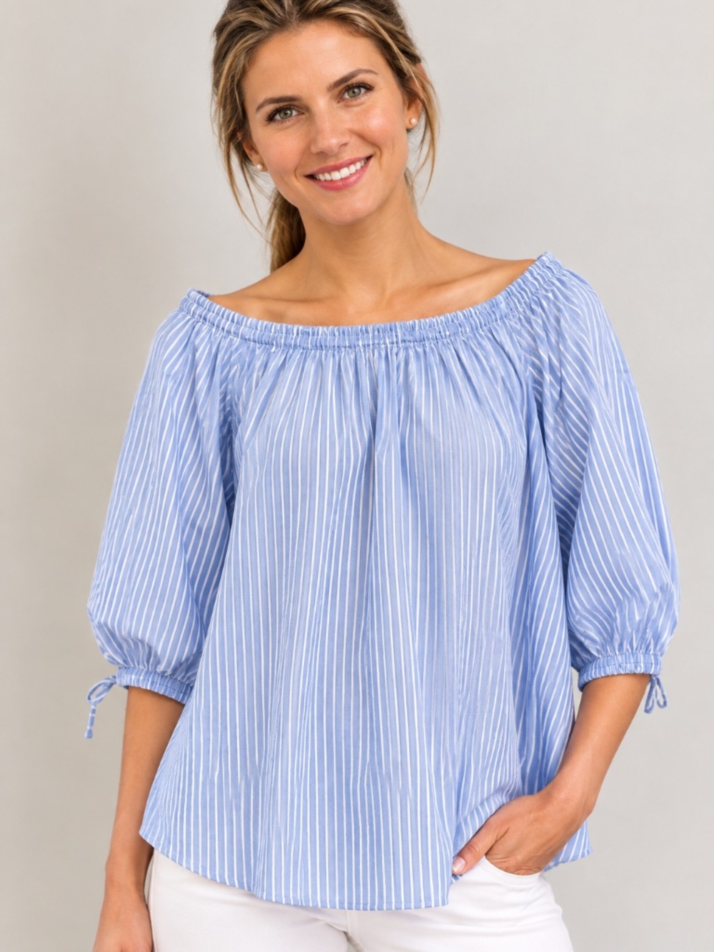 White and Blue Off Shoulder Top